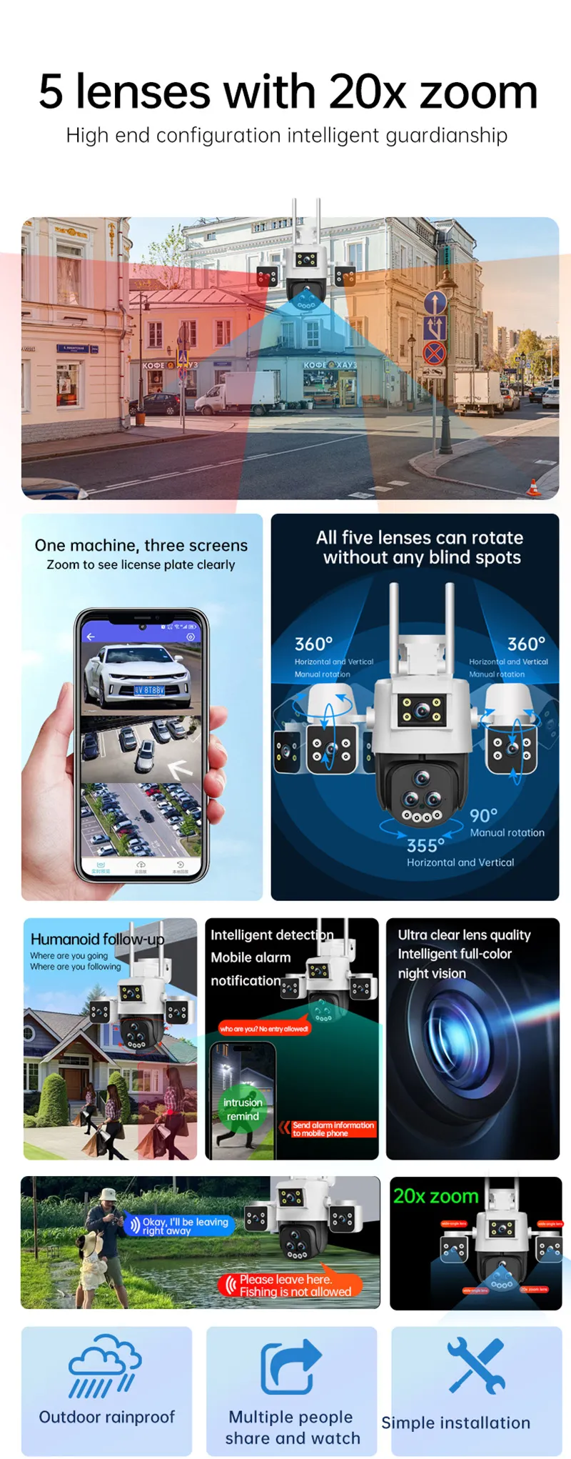 5 Lens Panoramic Surveillance Camera 20x Optical Zoom 360° PTZ 200W Pixel WiFi Camera Color Night Vision AI Human Detection 2-Way Audio Cameras for Home Security 5 Lens Panoramic Surveillance Camera 20x Optical Zoom 360° PTZ 200W Pixel WiFi Camera Color Night Vision AI Human Detection 2-Way Audio Cameras for Home Security