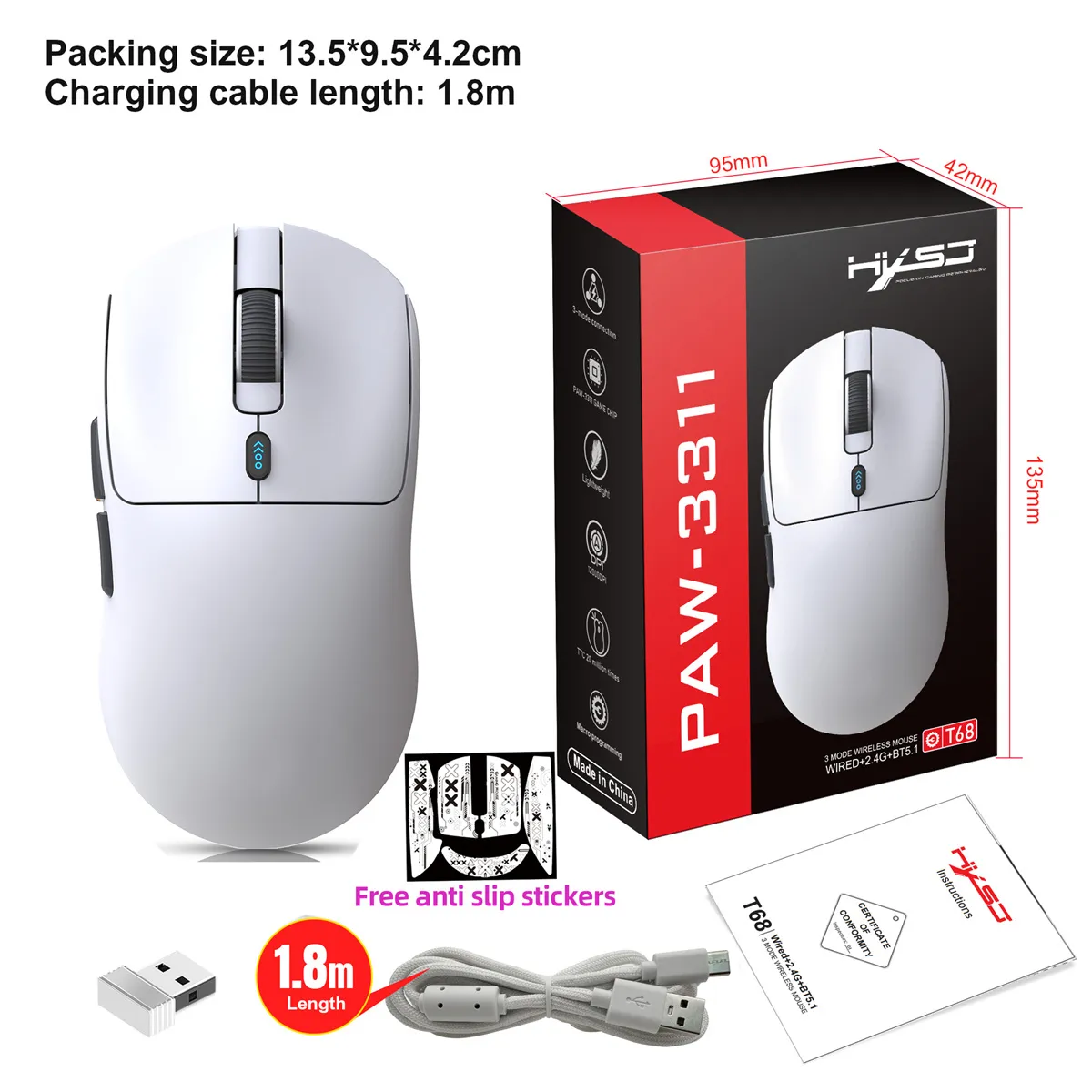 HXSJ T68 Tri-mode Wireless Gaming Mouse PAW3311 Sensor 18000DPI Gamer Mice 1K Return Rate 58g Lightweight HXSJ T68 Tri-mode Wireless Gaming Mouse PAW3311 Sensor 18000DPI Gamer Mice 1K Return Rate 58g Lightweight