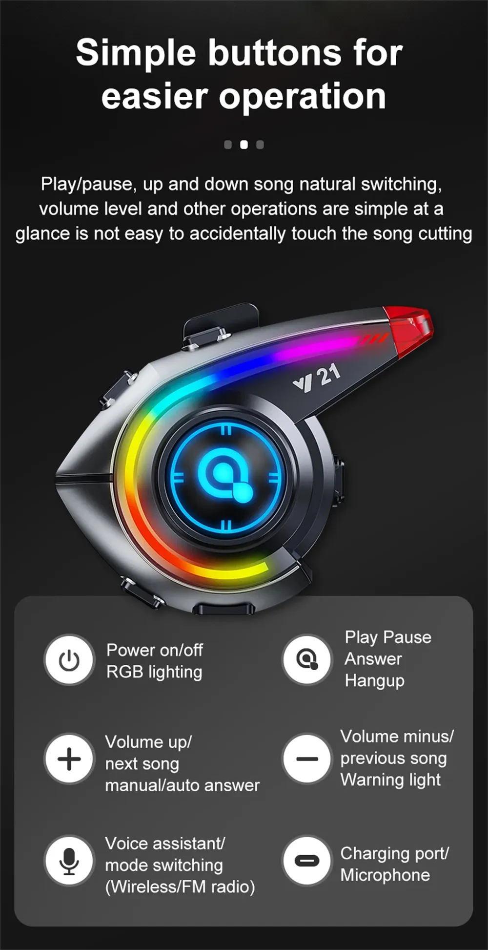 Y21 Wireless Helmet Headset AI Voice Assistant Fm Radio Powerful Bass Waterproof bluetooth 5.4 RGB Lighting Noise Reduction Long Battery Life Rider Intercom Wireless Motobike Earphone