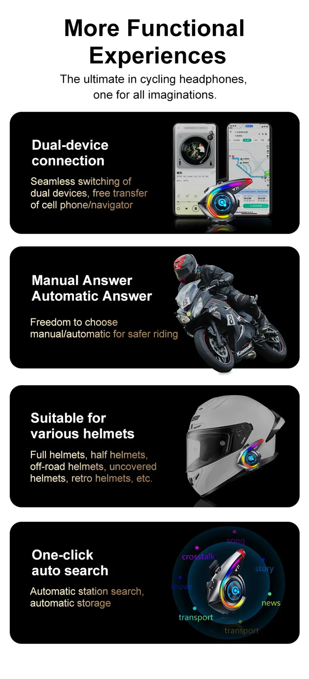 Y21 Wireless Helmet Headset AI Voice Assistant Fm Radio Powerful Bass Waterproof bluetooth 5.4 RGB Lighting Noise Reduction Long Battery Life Rider Intercom Wireless Motobike Earphone