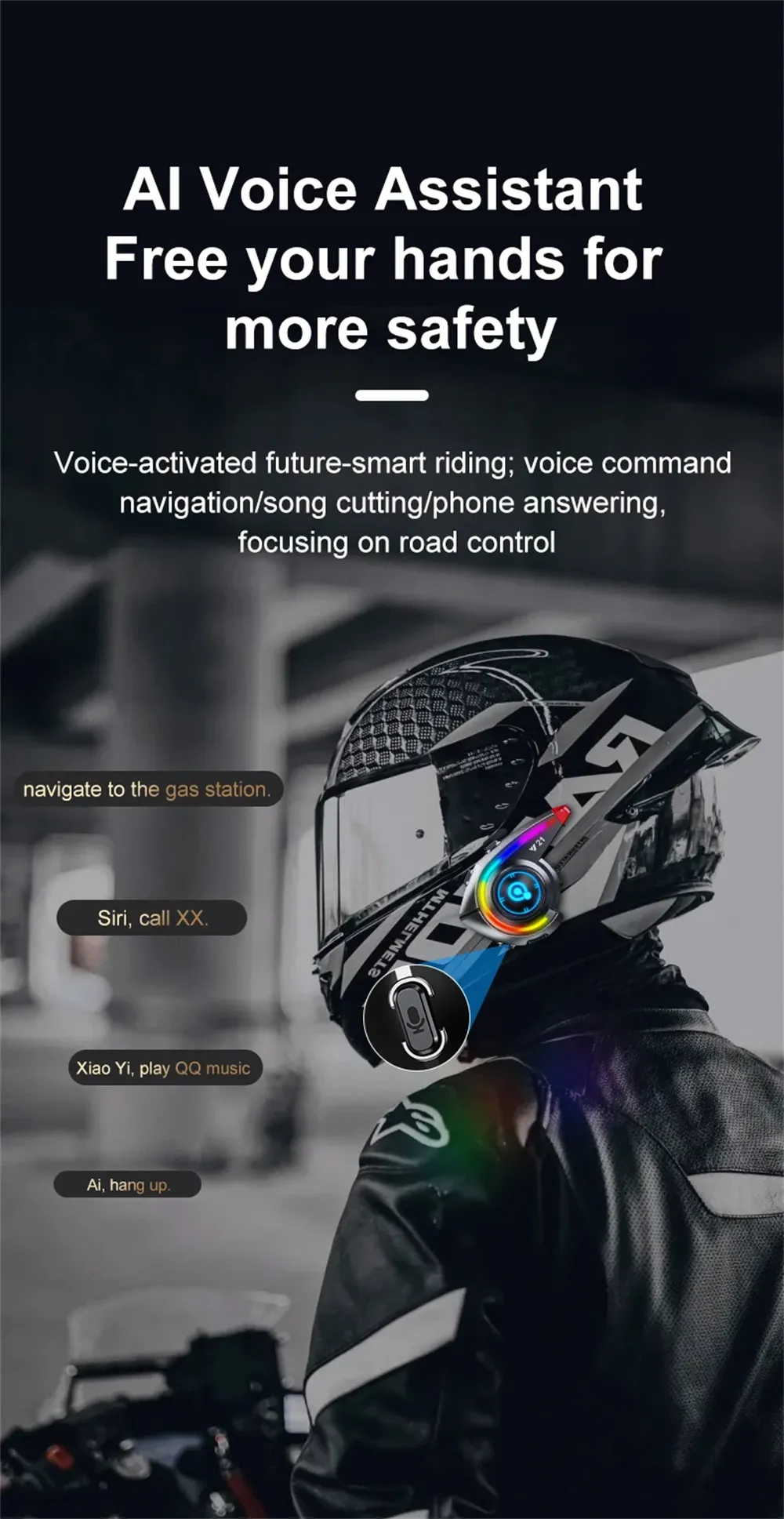 Y21 Wireless Helmet Headset AI Voice Assistant Fm Radio Powerful Bass Waterproof bluetooth 5.4 RGB Lighting Noise Reduction Long Battery Life Rider Intercom Wireless Motobike Earphone