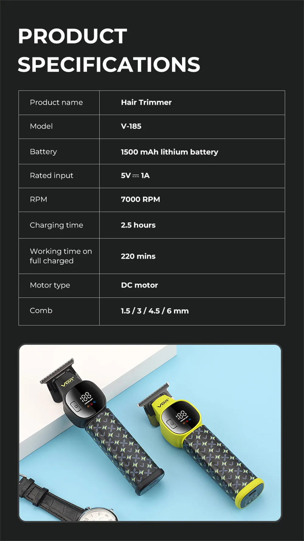 VGR V-185 Professional Hair Trimmer for Men with Ceramic Stainless Steel Blades 7000 RPM Motor USB Rechargeable LED Display 220min Runtime VGR V-185 Professional Hair Trimmer for Men with Ceramic Stainless Steel Blades 7000 RPM Motor USB Rechargeable LED Display 220min Runtime