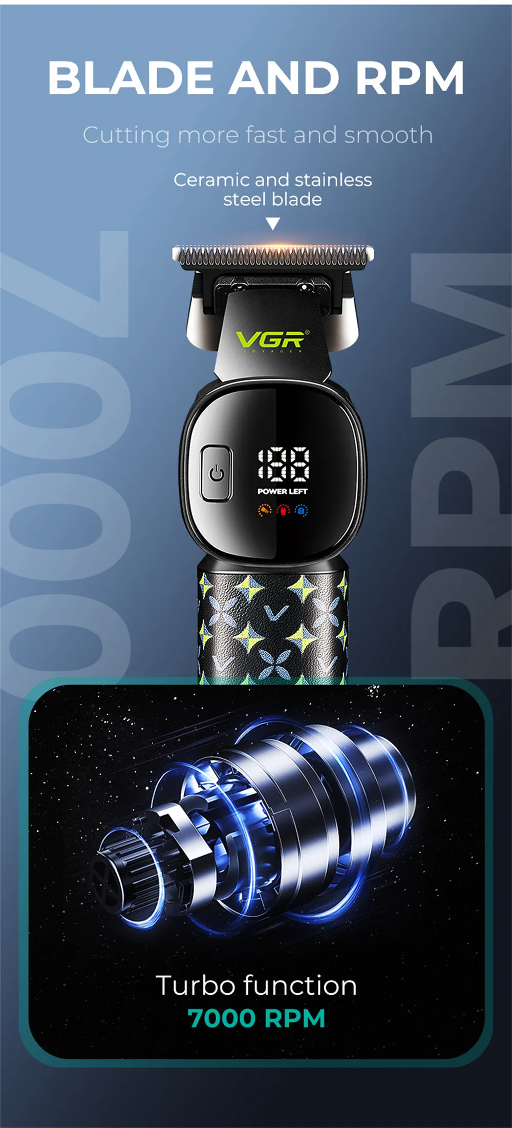 VGR V-185 Professional Hair Trimmer for Men with Ceramic Stainless Steel Blades 7000 RPM Motor USB Rechargeable LED Display 220min Runtime VGR V-185 Professional Hair Trimmer for Men with Ceramic Stainless Steel Blades 7000 RPM Motor USB Rechargeable LED Display 220min Runtime