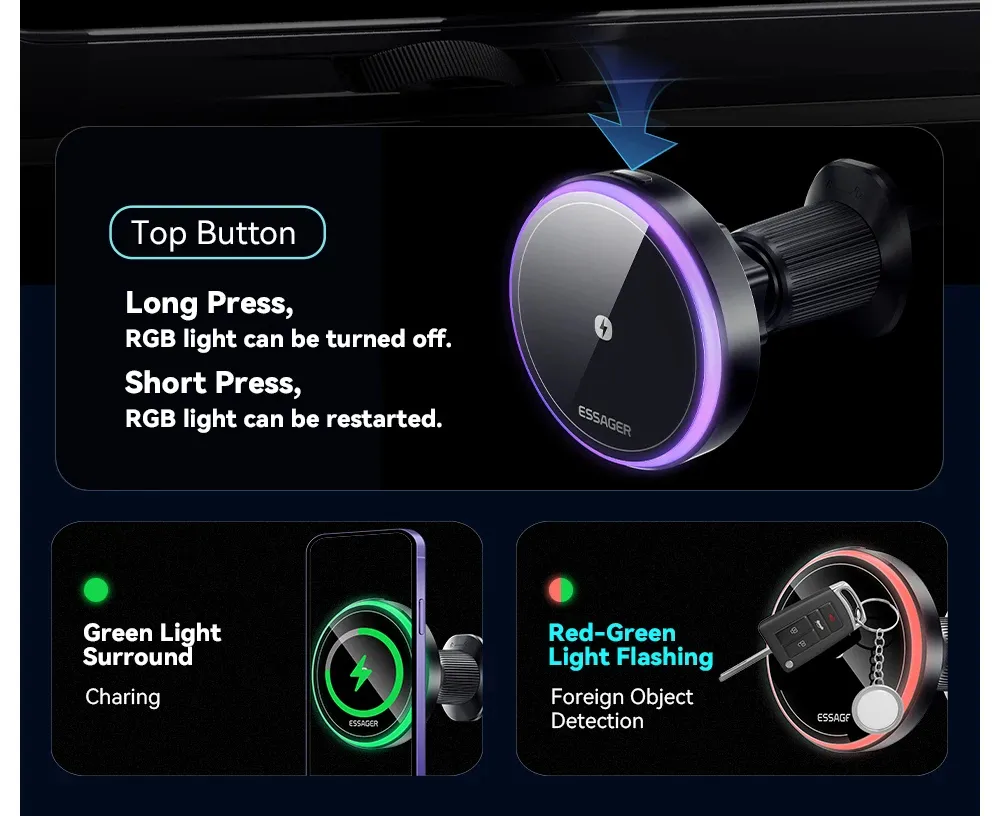 ESSAGER Magnetic Wireless Charger Car Holder RGB Color Lighting 360° Free Rotation 15W Fast Charge Suitable For Dashboard Air Outlets 4.5-7 inch Mobile Devices ESSAGER Magnetic Wireless Charger Car Holder RGB Color Lighting 360° Free Rotation 15W Fast Charge Suitable For Dashboard Air Outlets 4.5-7 inch Mobile Devices