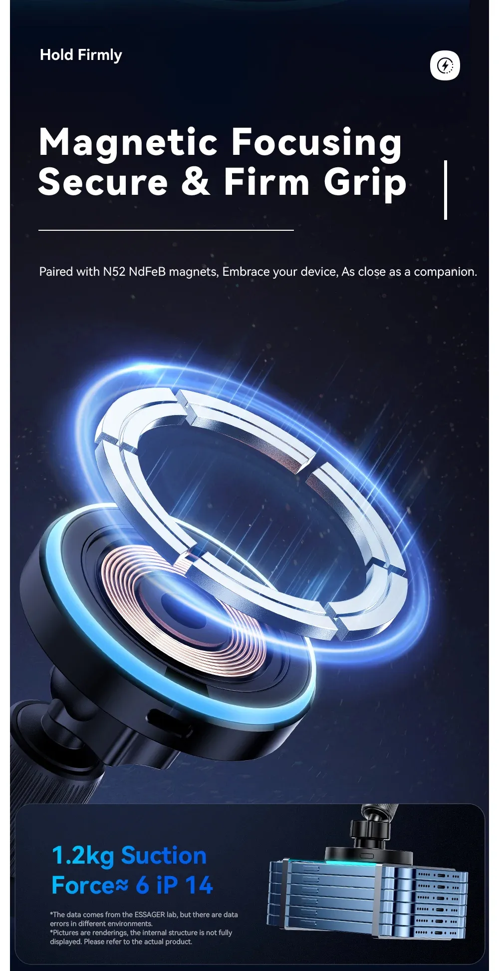 ESSAGER Magnetic Wireless Charger Car Holder RGB Color Lighting 360° Free Rotation 15W Fast Charge Suitable For Dashboard Air Outlets 4.5-7 inch Mobile Devices ESSAGER Magnetic Wireless Charger Car Holder RGB Color Lighting 360° Free Rotation 15W Fast Charge Suitable For Dashboard Air Outlets 4.5-7 inch Mobile Devices
