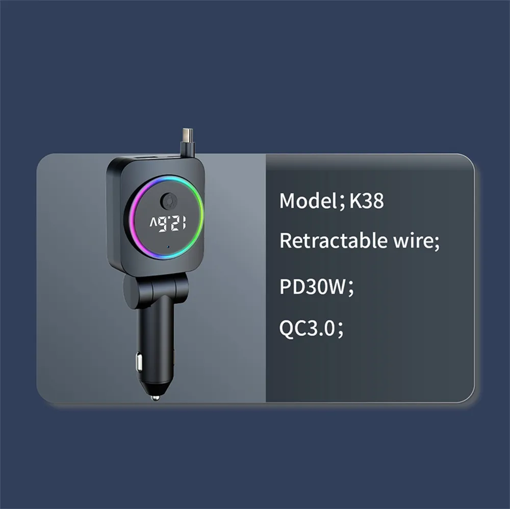 K38 4-in-1 Retractable Car Charger USB PD30W QC3.0 Type C Cable Ambient Lighting for Mobile Phone Fast Charge Car Plug QC Adapter K38 4-in-1 Retractable Car Charger USB PD30W QC3.0 Type C Cable Ambient Lighting for Mobile Phone Fast Charge Car Plug QC Adapter