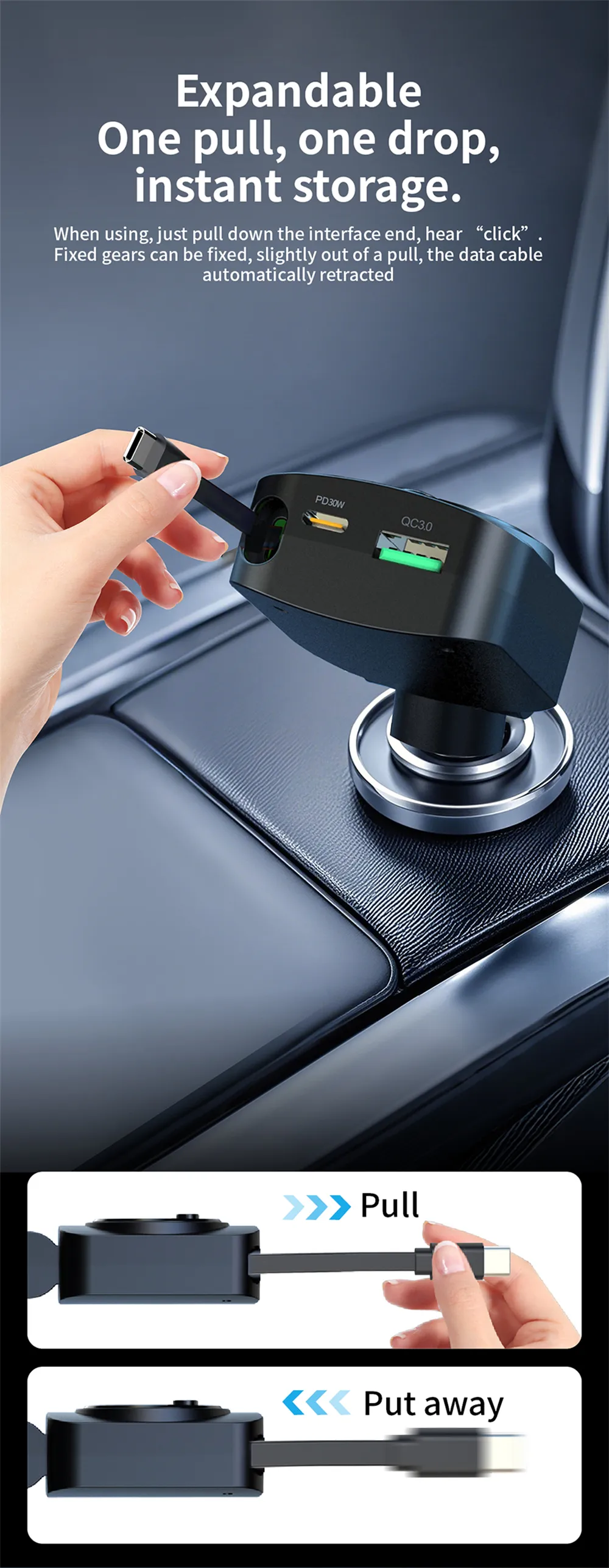K38 4-in-1 Retractable Car Charger USB PD30W QC3.0 Type C Cable Ambient Lighting for Mobile Phone Fast Charge Car Plug QC Adapter K38 4-in-1 Retractable Car Charger USB PD30W QC3.0 Type C Cable Ambient Lighting for Mobile Phone Fast Charge Car Plug QC Adapter