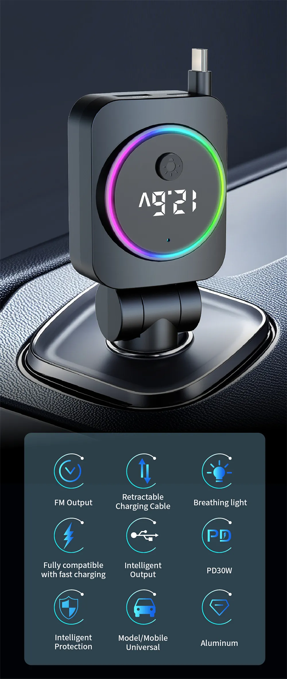 K38 4-in-1 Retractable Car Charger USB PD30W QC3.0 Type C Cable Ambient Lighting for Mobile Phone Fast Charge Car Plug QC Adapter K38 4-in-1 Retractable Car Charger USB PD30W QC3.0 Type C Cable Ambient Lighting for Mobile Phone Fast Charge Car Plug QC Adapter