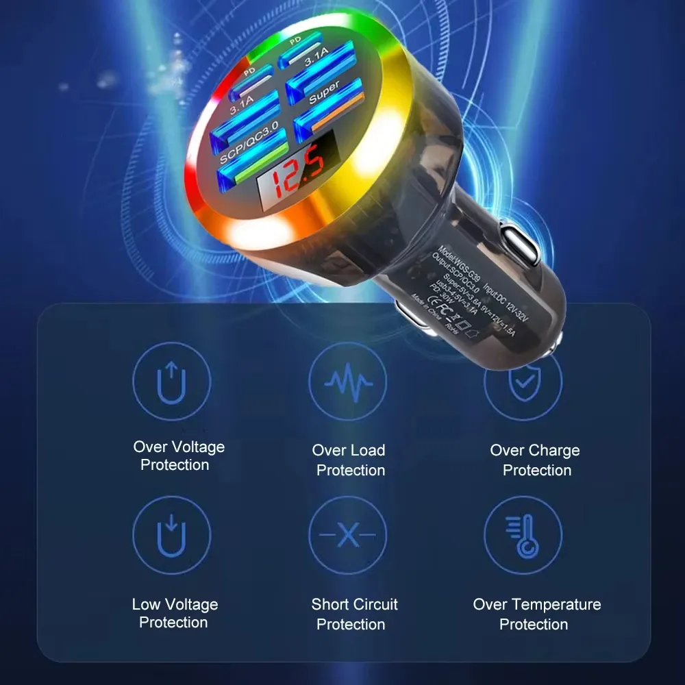 Transparent Car Charger 200W 6 Port USB QC3.0 PD Super Fast Charging Voltage Display LED Light for iOS Galaxy Devices 12V 24V Transparent Car Charger 200W 6 Port USB QC3.0 PD Super Fast Charging Voltage Display LED Light for iOS Galaxy Devices 12V 24V