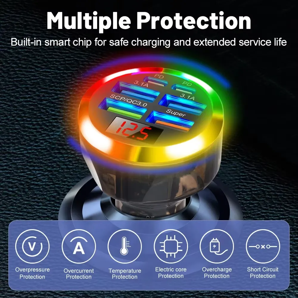 Transparent Car Charger 200W 6 Port USB QC3.0 PD Super Fast Charging Voltage Display LED Light for iOS Galaxy Devices 12V 24V Transparent Car Charger 200W 6 Port USB QC3.0 PD Super Fast Charging Voltage Display LED Light for iOS Galaxy Devices 12V 24V