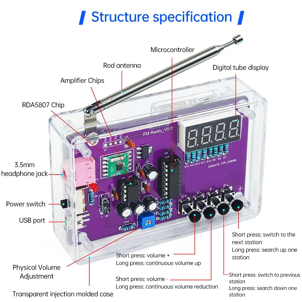 HU-017B DIY FM Radio Kit 87-108MHz LED Display Multifunction Adjustable Volume USB Power Portable Electronics Radio Assembly Kit High Sensitivity Noise Reduction HU-017B DIY FM Radio Kit 87-108MHz LED Display Multifunction Adjustable Volume USB Power Portable Electronics Radio Assembly Kit High Sensitivity Noise Reduction