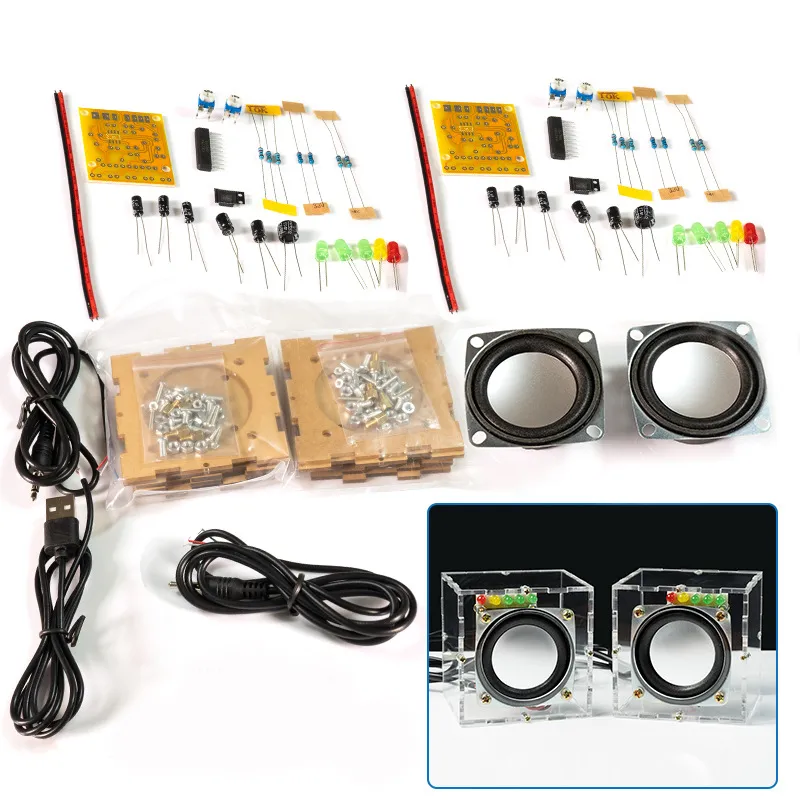 HU-023 Mini Crystal Speaker DIY Kit Dual Channel 3W Power Compact LED Music Spectrum Display Computer Phone Audio Desktop Speaker Assembly