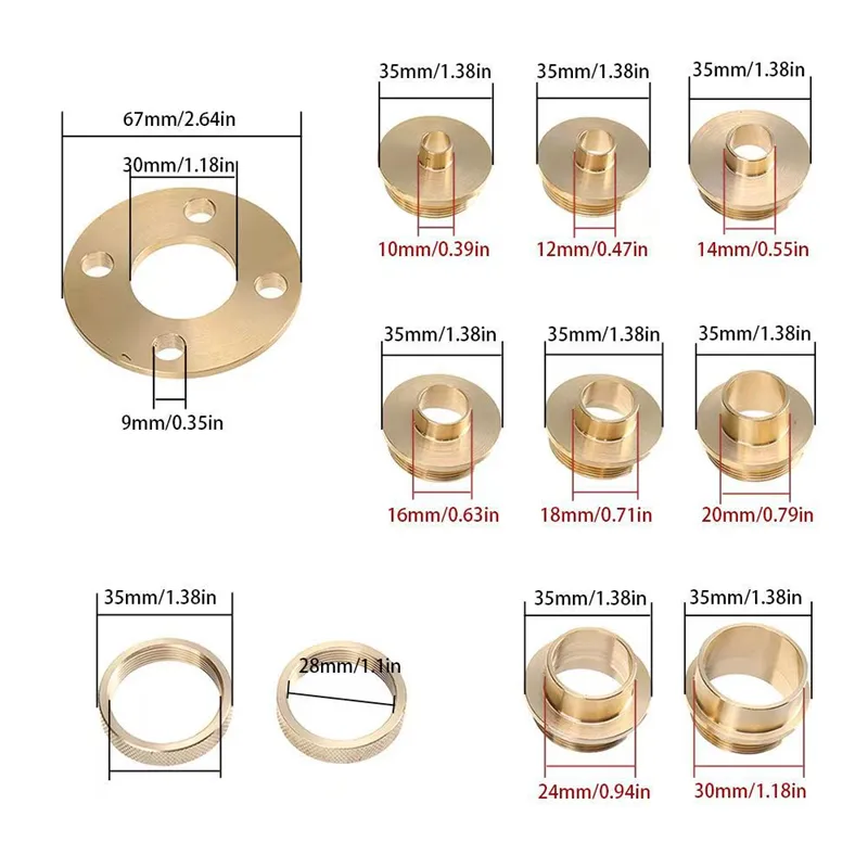 Universal Router Base Plate Acrylic 7mm Thick with Brass Centering Pin and 11 Template Bushings for Precise Woodworking Trimming and Cutting