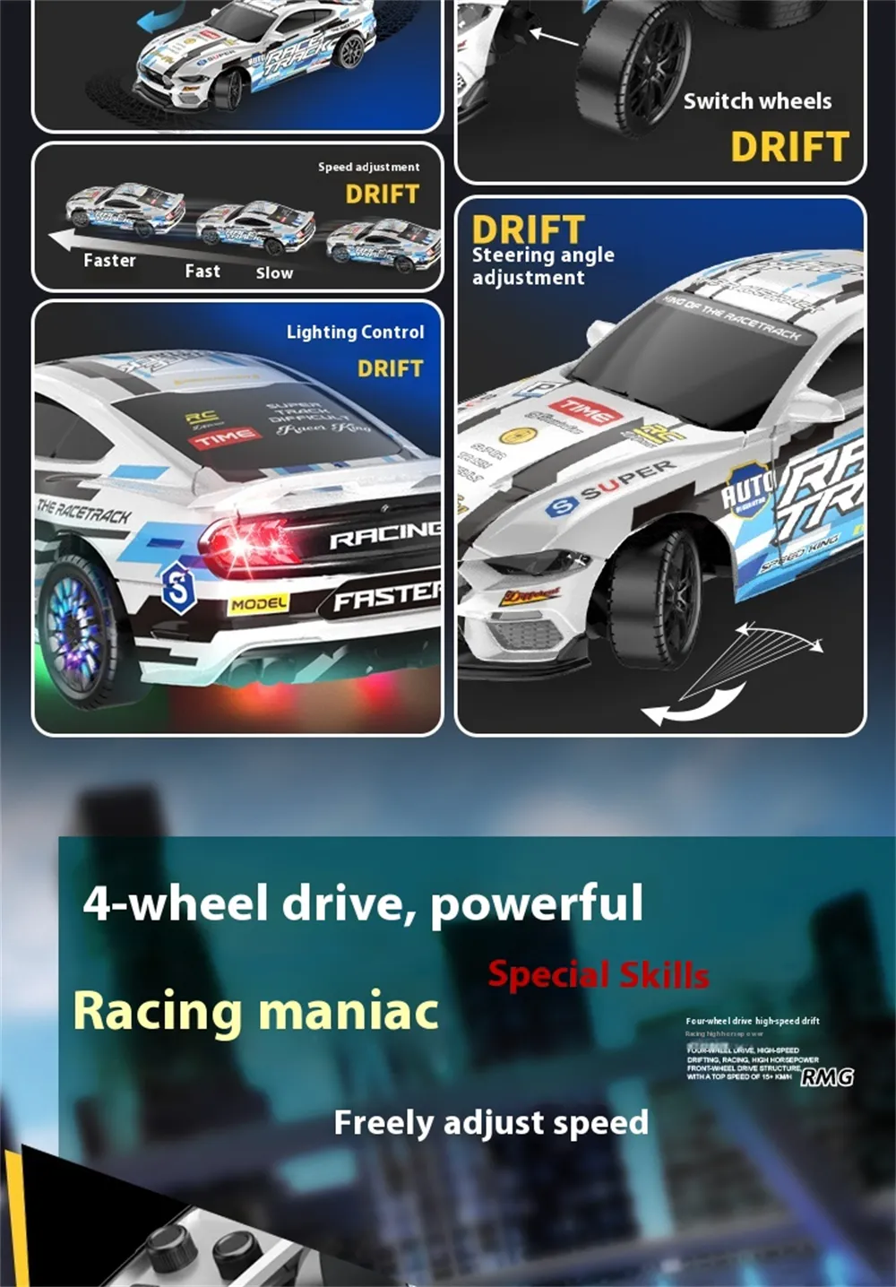 ZY013 RTR 1/43 2.4G 4WD Drift RC Car Mini Full Proportional LED Light Optional Gyro Remote Control High-Speed On-Road Racing Vehicles Models Boys Gifts Toys