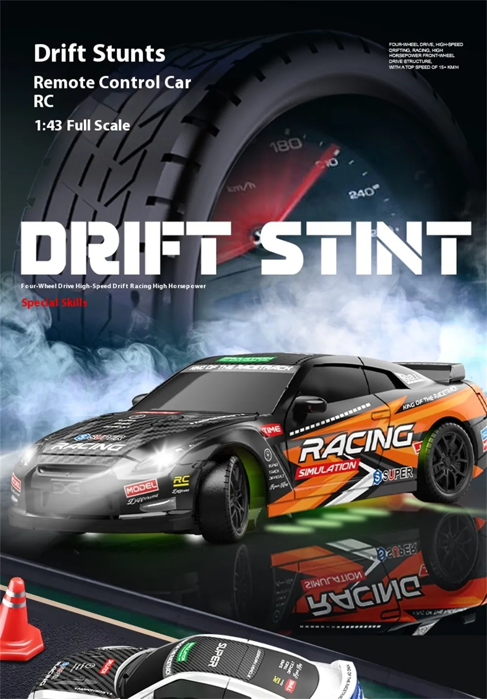ZY013 RTR 1/43 2.4G 4WD Drift RC Car Mini Full Proportional LED Light Optional Gyro Remote Control High-Speed On-Road Racing Vehicles Models Boys Gifts Toys