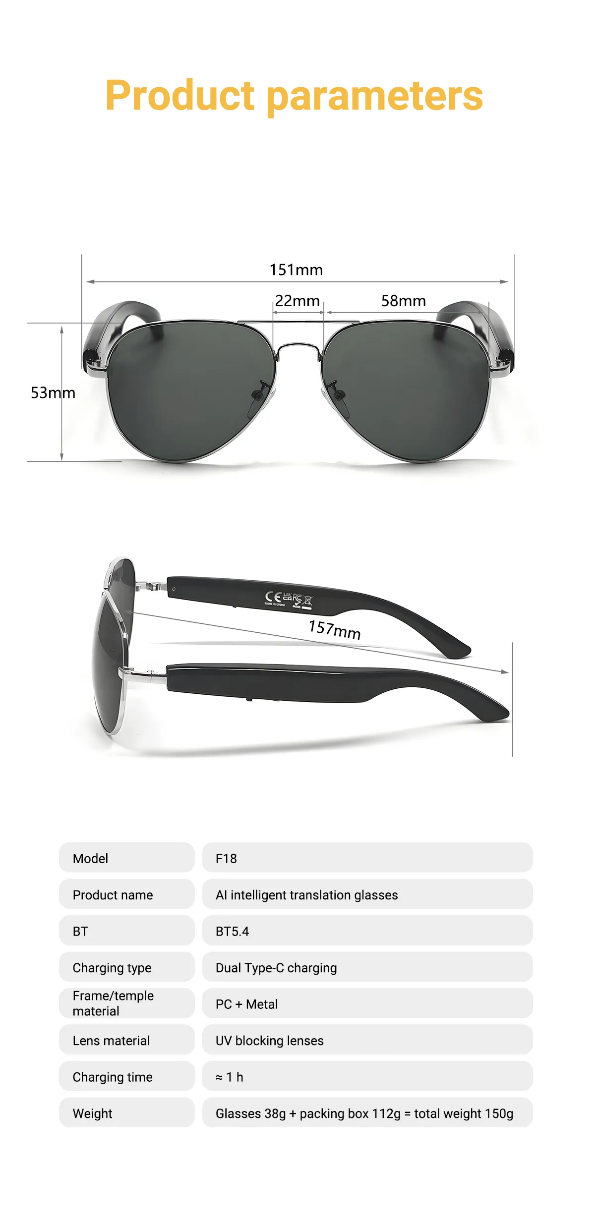 F18 AI Smart Glasses Real Time Translation 100 Languages bluetooth 5.4 Calling Bilateral Stereo Sound Type-C Charging UV Protection for Travel Business F18 AI Smart Glasses Real Time Translation 100 Languages bluetooth 5.4 Calling Bilateral Stereo Sound Type-C Charging UV Protection for Travel Business