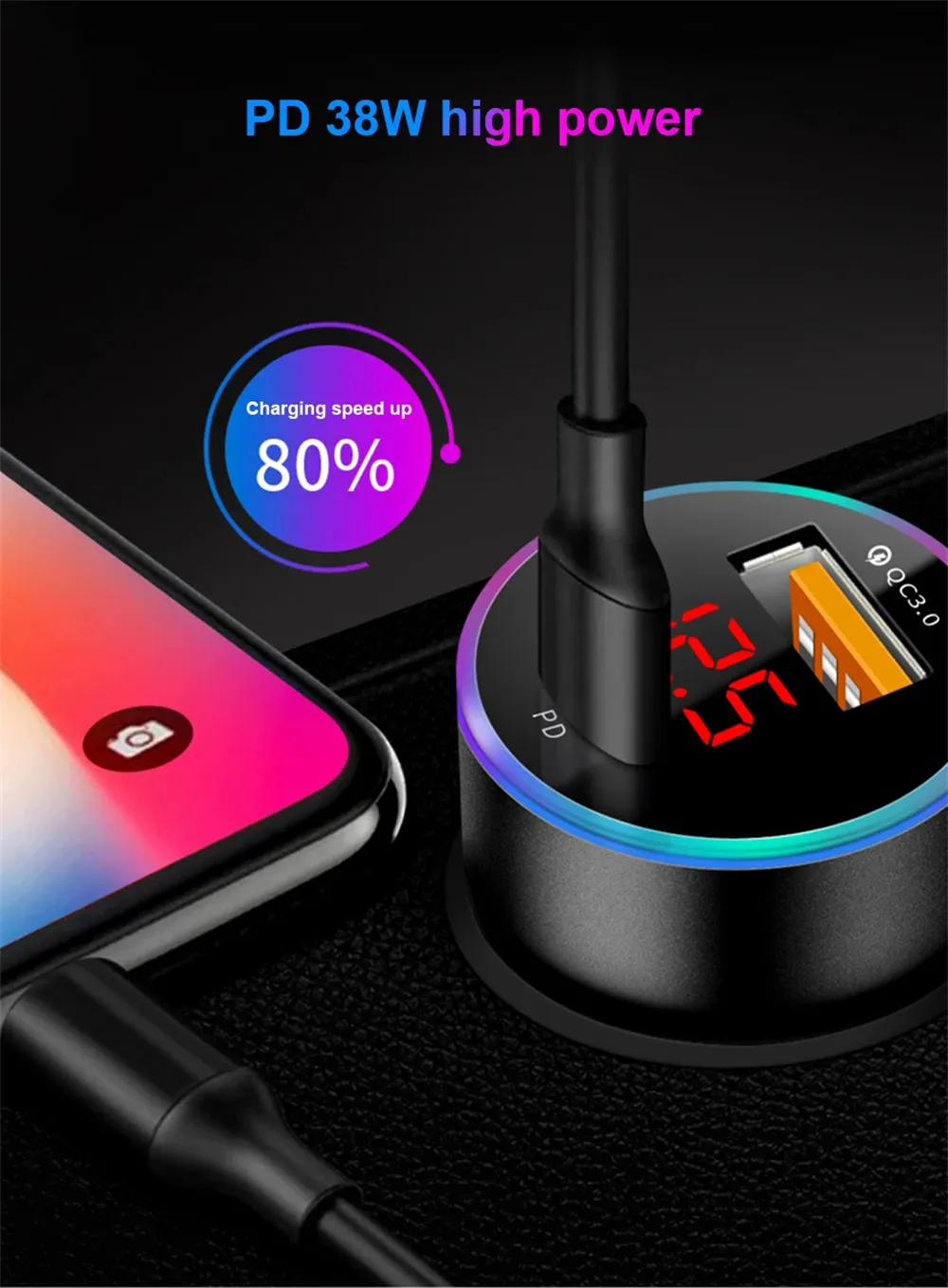 38W Car Charger PD+USB QC3.0 Quick Charging Phone Charger 12V -24V Lighter Socket with LED Voltmeter Display 38W Car Charger PD+USB QC3.0 Quick Charging Phone Charger 12V -24V Lighter Socket with LED Voltmeter Display