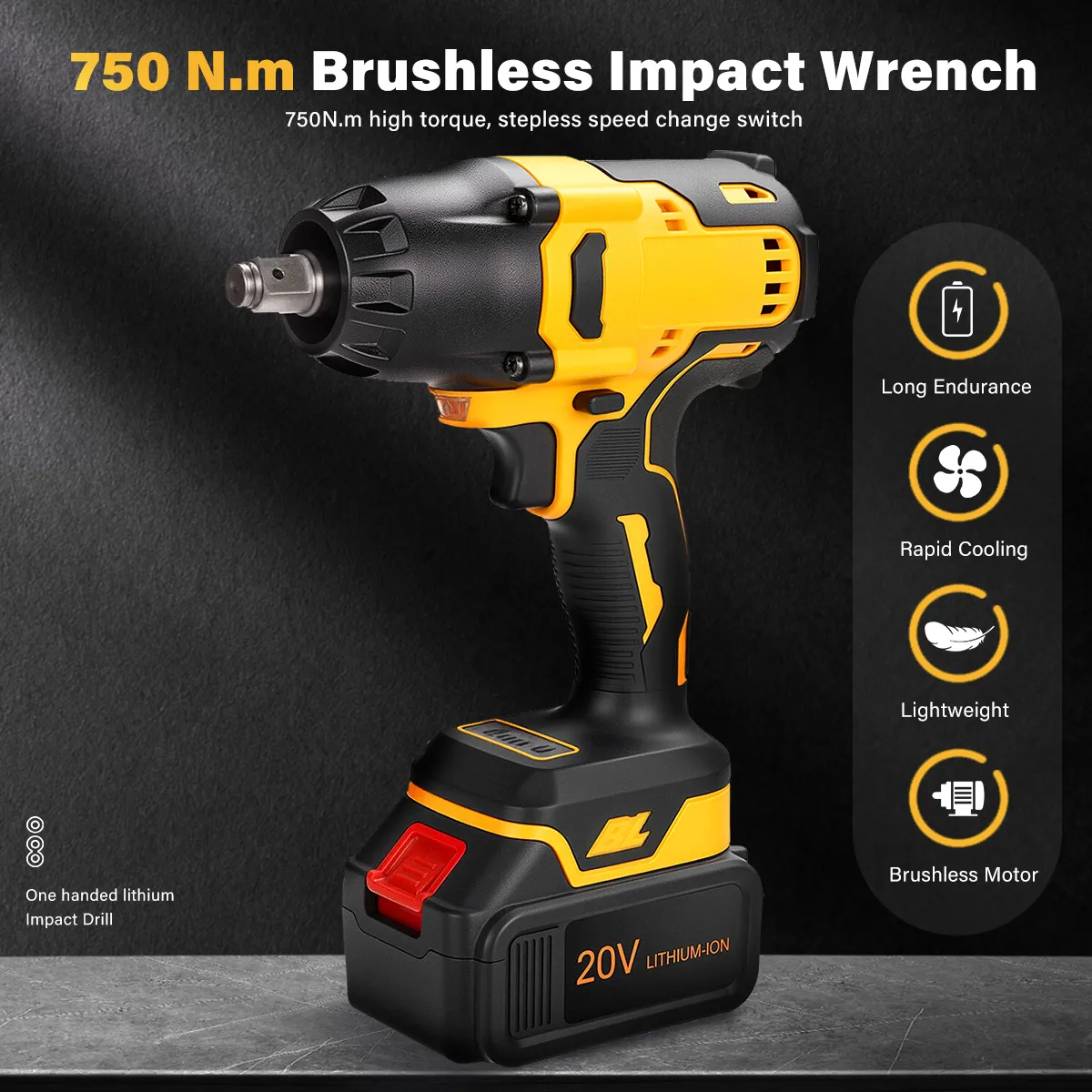 Cordless Impact Wrench 1/2 Inch Drive Brushless Motor 750Nm Torque 3-Speed Modes 2000 RPM 20V 15000mAh Battery LED Light Power Tool Cordless Impact Wrench 1/2 Inch Drive Brushless Motor 750Nm Torque 3-Speed Modes 2000 RPM 20V 15000mAh Battery LED Light Power Tool