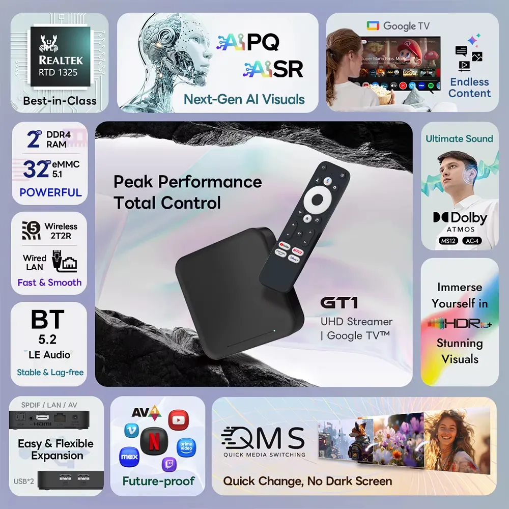 RockTek GT1 UHD TV Box Google Certified 2GB+32GB Realtek1325 A55 Edge AI Support Dolby Atmos 2T2R Wifi5 BT5.2 Android Box Set Top Box