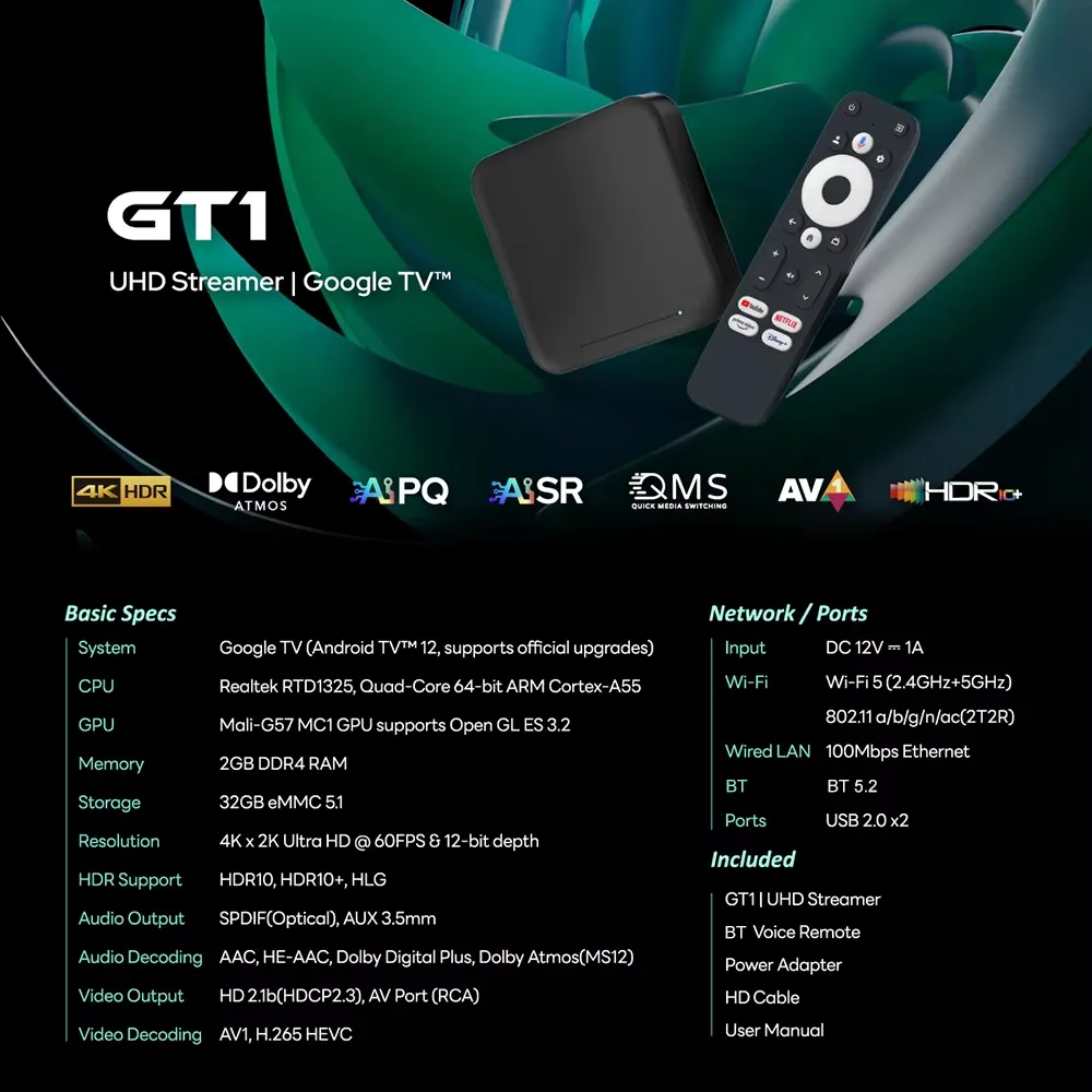 RockTek GT1 UHD TV Box Google Certified 2GB+32GB Realtek1325 A55 Edge AI Support Dolby Atmos 2T2R Wifi5 BT5.2 Android Box Set Top Box
