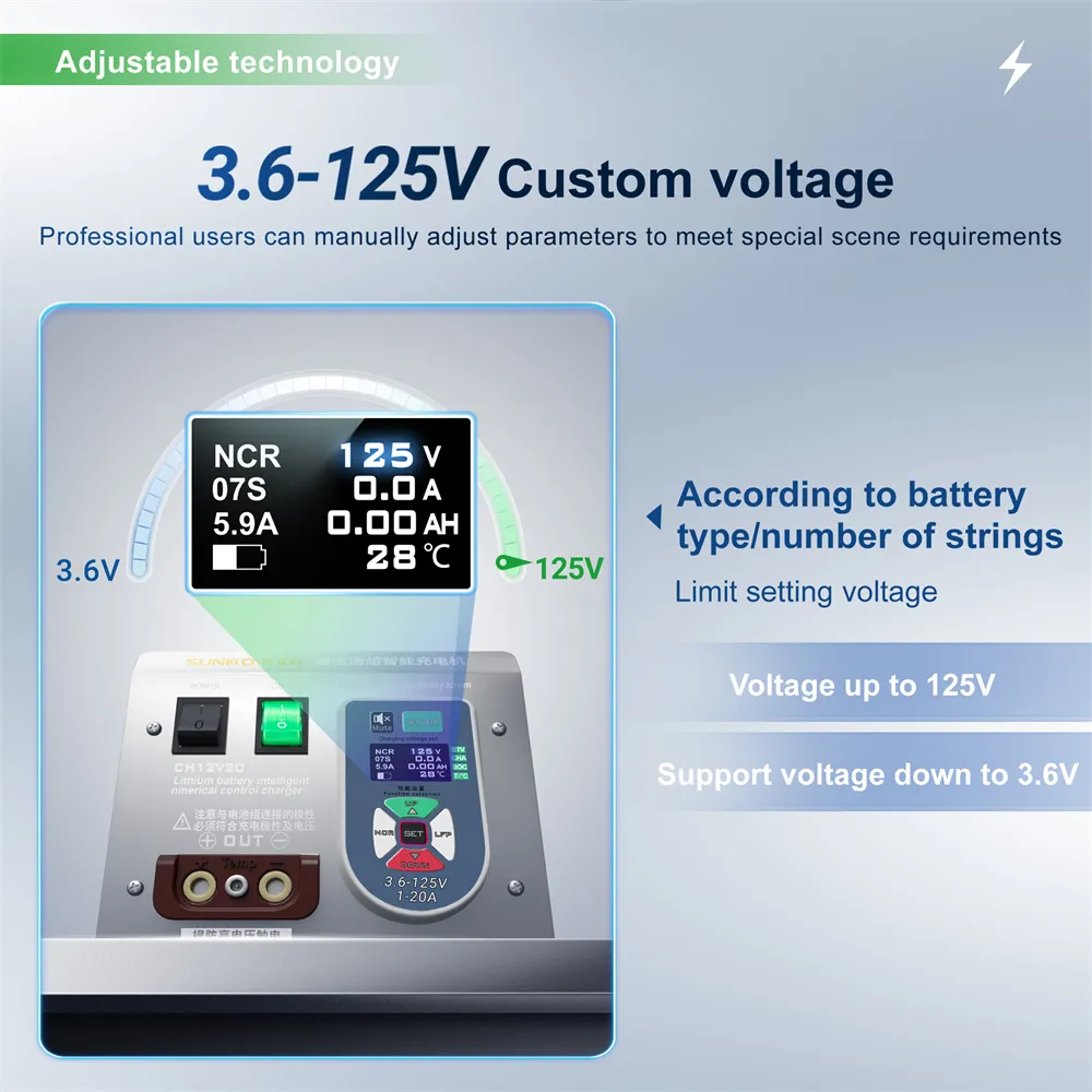 Lithium Battery Pack Charger CH12V20 Intelligent CNC 2.5KW Adjustable Voltage 3.6V-125V Current 1-20A Fast Charging Li-ion LiFePO4 Systems Lithium Battery Pack Charger CH12V20 Intelligent CNC 2.5KW Adjustable Voltage 3.6V-125V Current 1-20A Fast Charging Li-ion LiFePO4 Systems