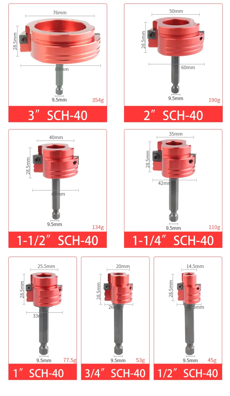 8Pcs PVC Water Line Reamer Set SCH 40 Compatible Tungsten Carbide Blades Aluminum Alloy Body Multi Size Drain Line Deburring Tool for Plumbing Repair Supplies