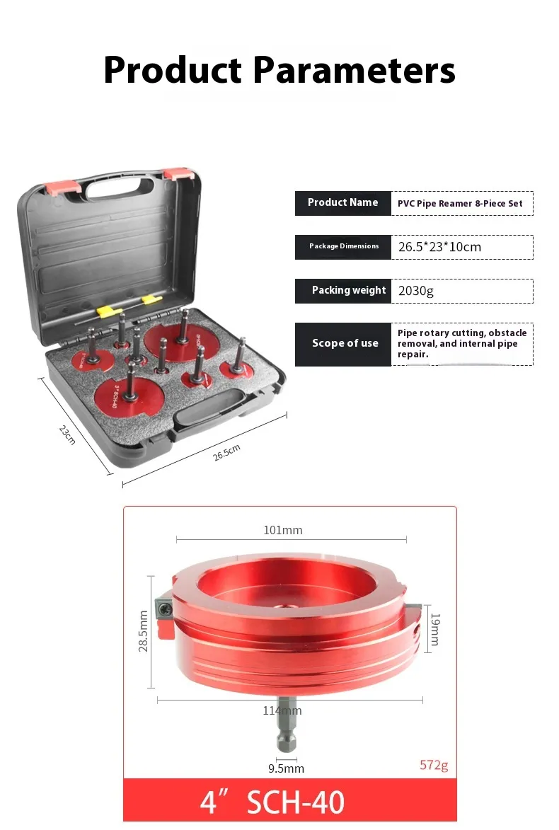 8Pcs PVC Water Line Reamer Set SCH 40 Compatible Tungsten Carbide Blades Aluminum Alloy Body Multi Size Drain Line Deburring Tool for Plumbing Repair Supplies