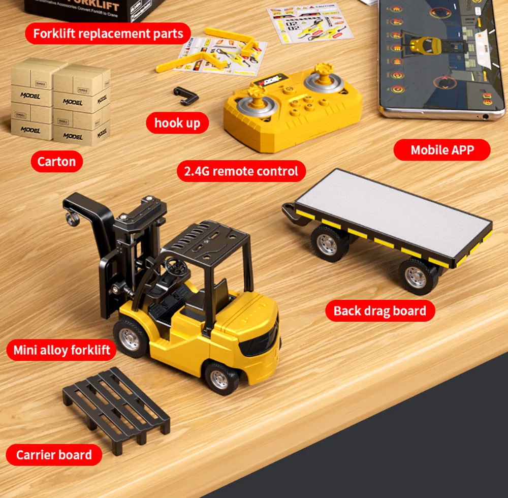 HJ2025-2D RTR 1/64 2.4G Mini RC Car Alloy 2 in 1 Forklift Crane With Trailer Support App Remote Controlled LED Light Sound Engineering Vehicle Desktop Toys Model Collection Gift For Boys