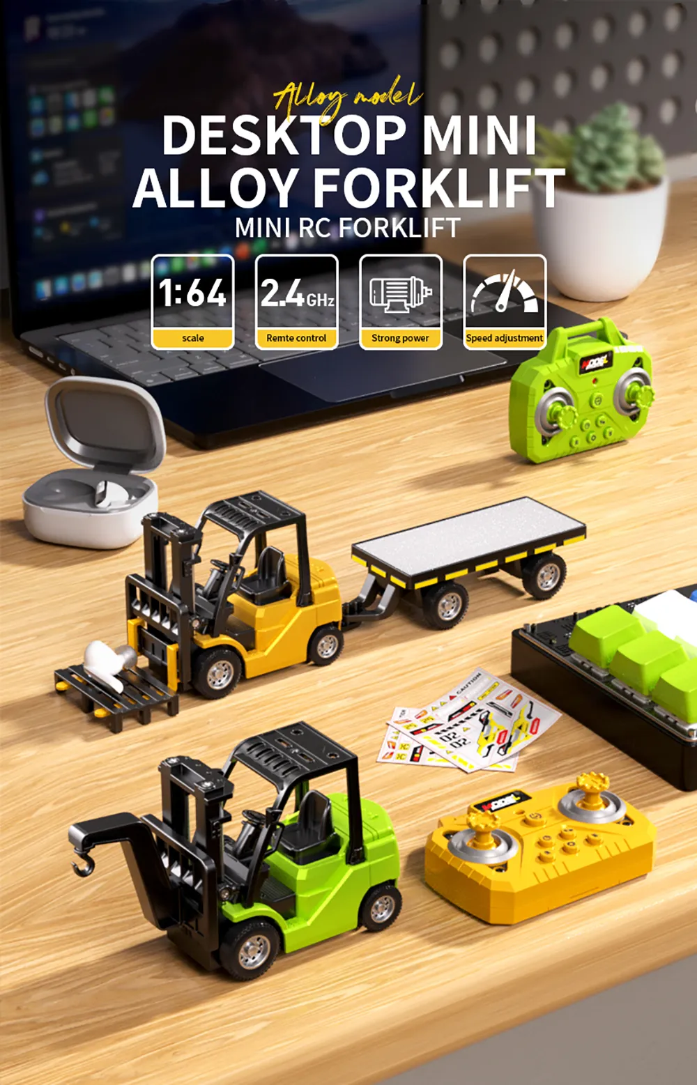 HJ2025-2D RTR 1/64 2.4G Mini RC Car Alloy 2 in 1 Forklift Crane With Trailer Support App Remote Controlled LED Light Sound Engineering Vehicle Desktop Toys Model Collection Gift For Boys