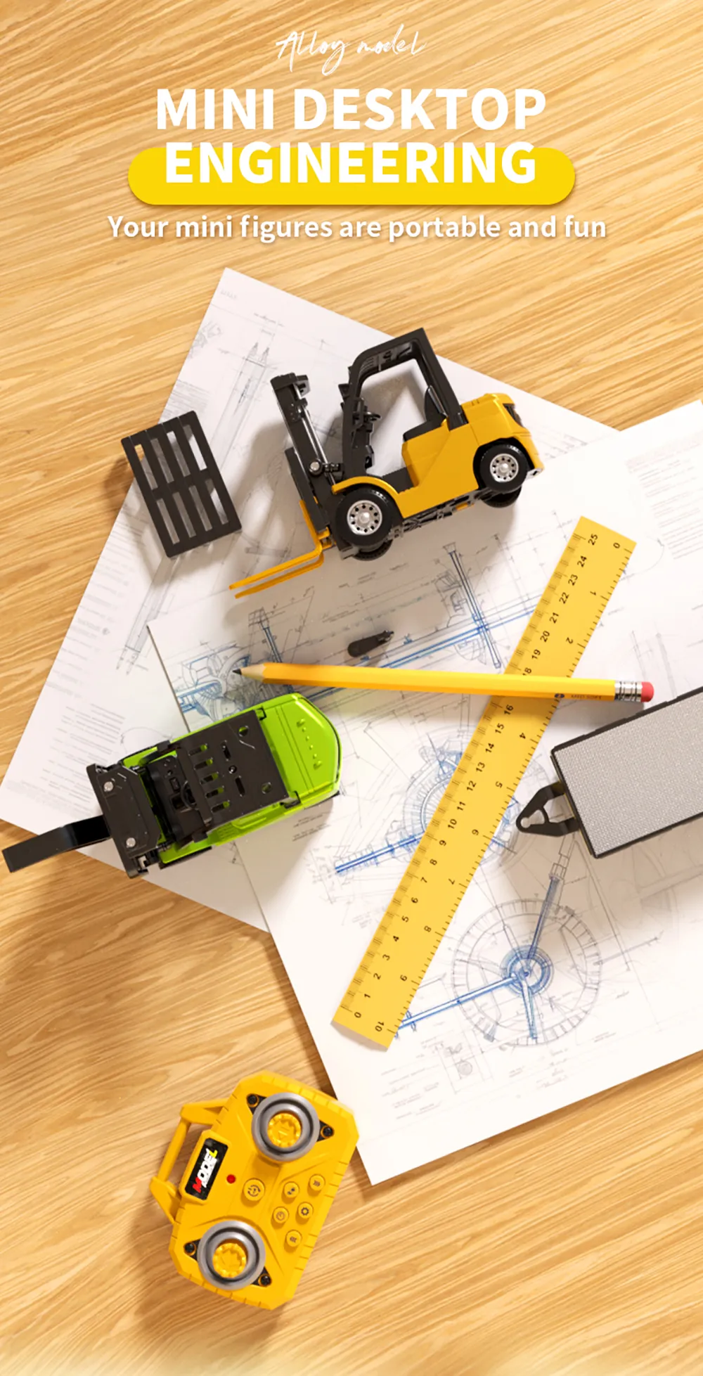 HJ2025-2D RTR 1/64 2.4G Mini RC Car Alloy 2 in 1 Forklift Crane With Trailer Support App Remote Controlled LED Light Sound Engineering Vehicle Desktop Toys Model Collection Gift For Boys