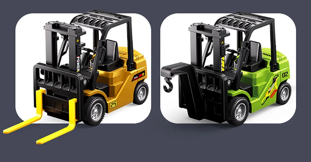 HJ2025-2D RTR 1/64 2.4G Mini RC Car Alloy 2 in 1 Forklift Crane With Trailer Support App Remote Controlled LED Light Sound Engineering Vehicle Desktop Toys Model Collection Gift For Boys