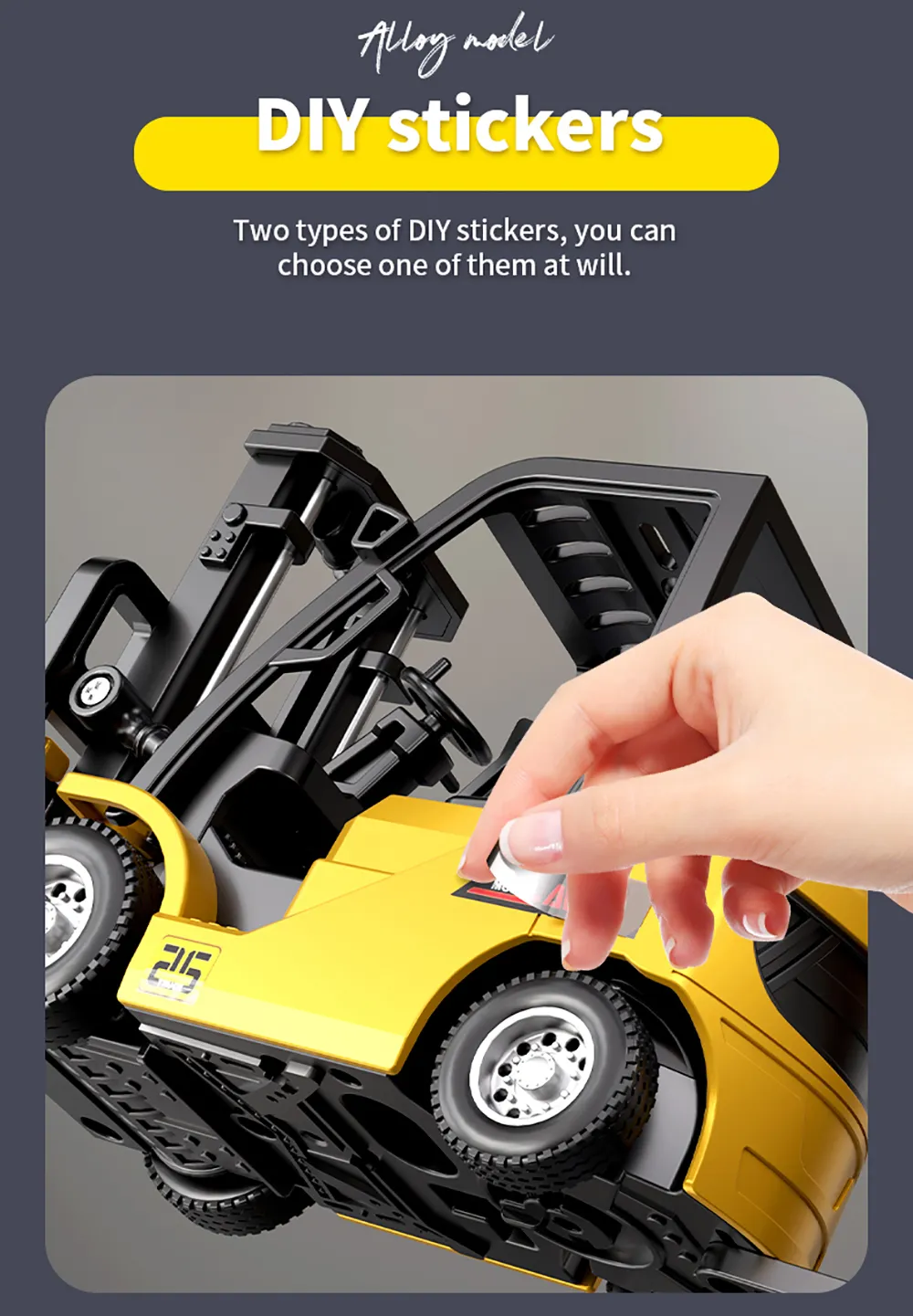 HJ2025-2D RTR 1/64 2.4G Mini RC Car Alloy 2 in 1 Forklift Crane With Trailer Support App Remote Controlled LED Light Sound Engineering Vehicle Desktop Toys Model Collection Gift For Boys
