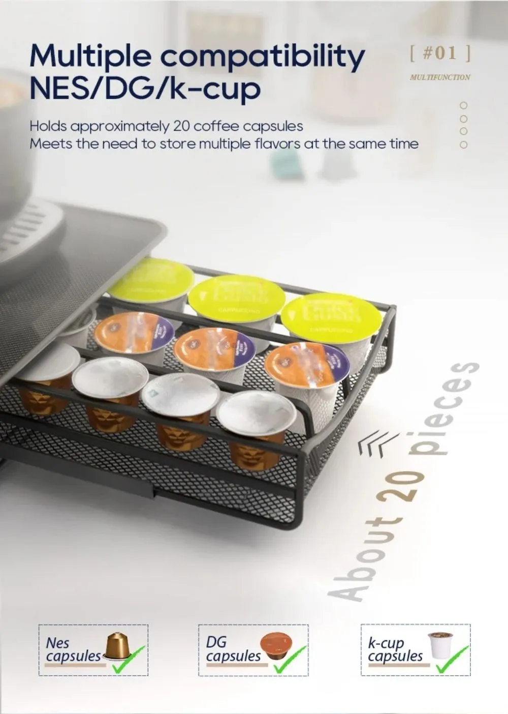 HiBREW Coffee Capsule Holder Drawer Organizer Compatible with NS DG K-Cup Capsules 20 Pods Storage Rack for H1B H2B Model