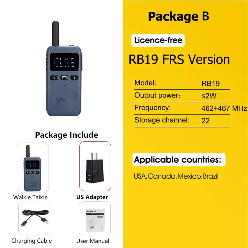 Retevis RB19 FRS RB619 PMR Walkie Talkie Portable Two Way Radio Type C USB Rechargeable for Hands Free Lightweight Compact Radio