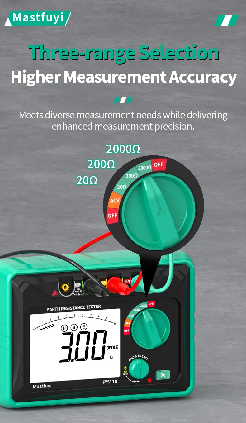 FY511D Earth Resistance Tester 0~2kΩ Range 600V Voltage Measurement High Accuracy LCD Backlit Screen Grounding Rods Portable Electric Testing Equipment