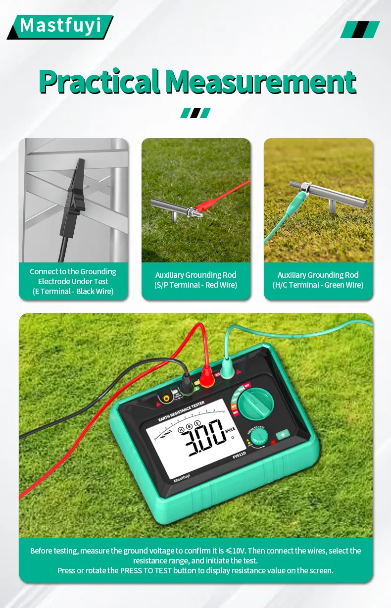 FY511D Earth Resistance Tester 0~2kΩ Range 600V Voltage Measurement High Accuracy LCD Backlit Screen Grounding Rods Portable Electric Testing Equipment