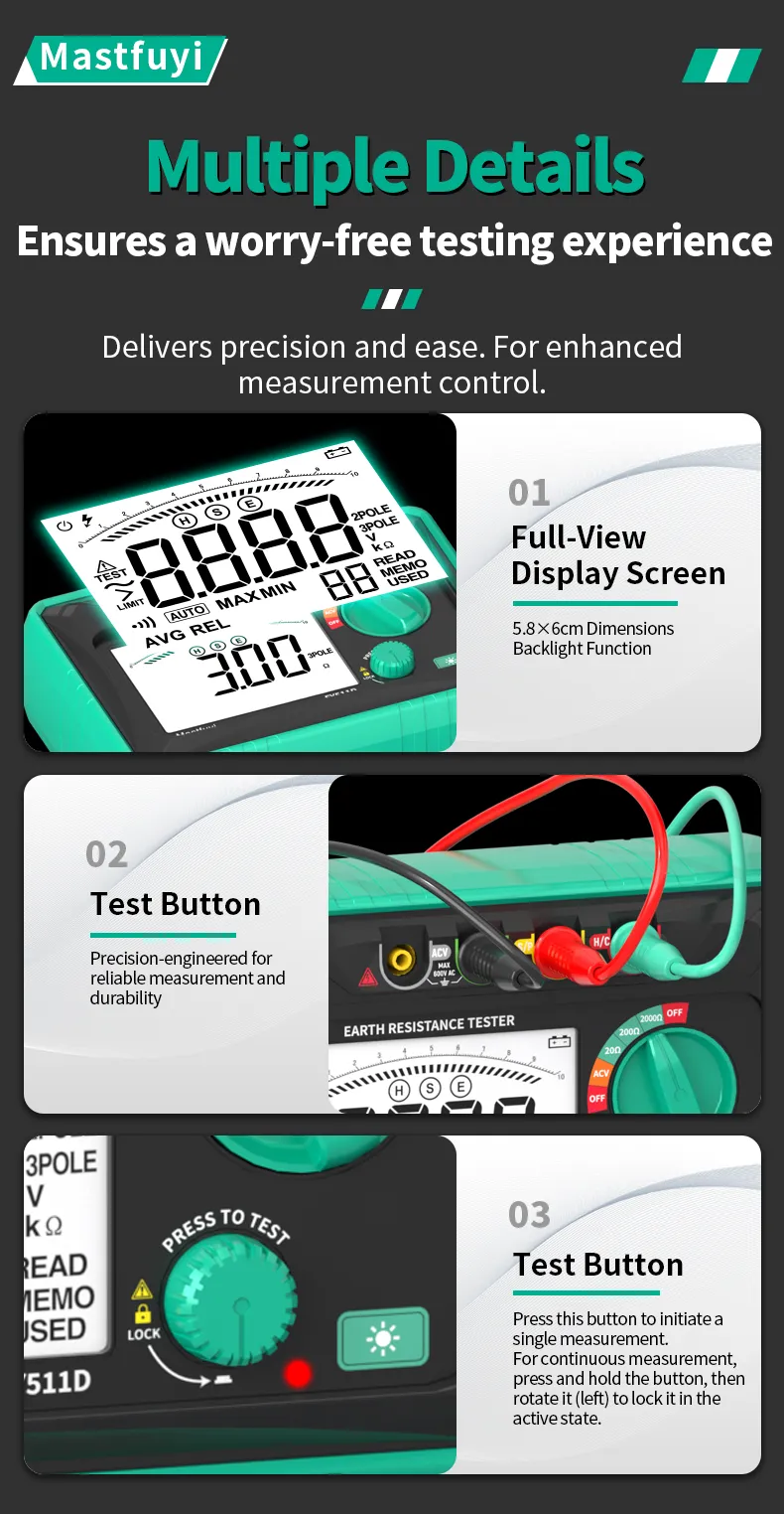 FY511D Earth Resistance Tester 0~2kΩ Range 600V Voltage Measurement High Accuracy LCD Backlit Screen Grounding Rods Portable Electric Testing Equipment