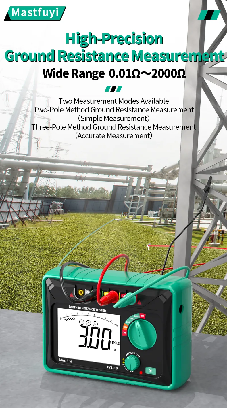 FY511D Earth Resistance Tester 0~2kΩ Range 600V Voltage Measurement High Accuracy LCD Backlit Screen Grounding Rods Portable Electric Testing Equipment