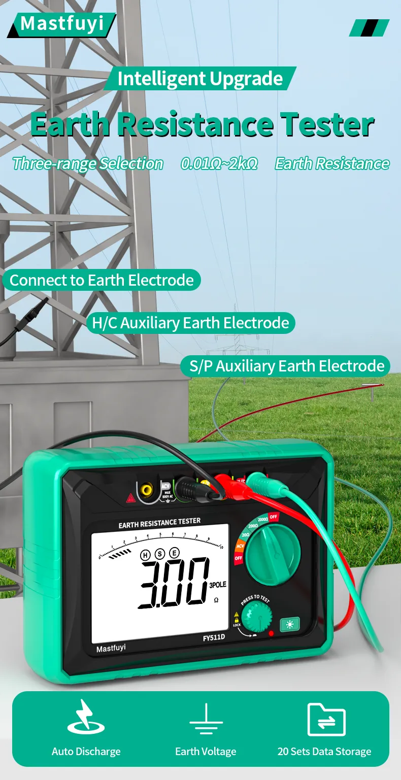 FY511D Earth Resistance Tester 0~2kΩ Range 600V Voltage Measurement High Accuracy LCD Backlit Screen Grounding Rods Portable Electric Testing Equipment