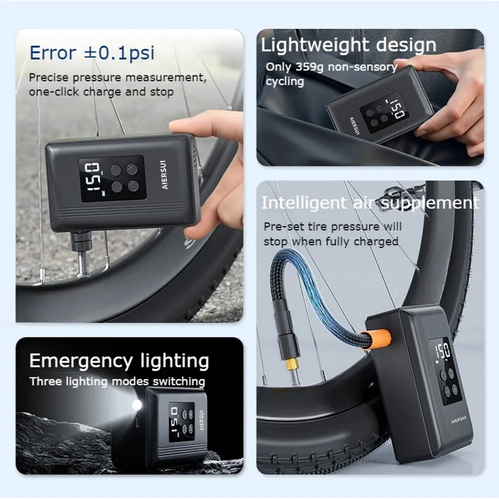 Mountain Road Bicycle Tire Inflator Smart Digital Display 150 PSI Portable Electric Air Pump USB Lightweight Design for Car Bicycle Ball