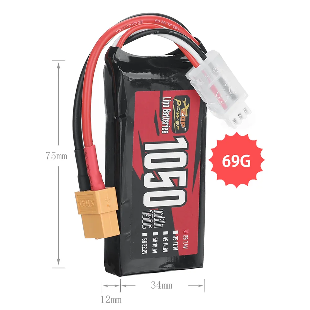 ZOP Power 7.4V 1050mAh 150C 2S LiPo Battery XT60 Plug for RC Drone