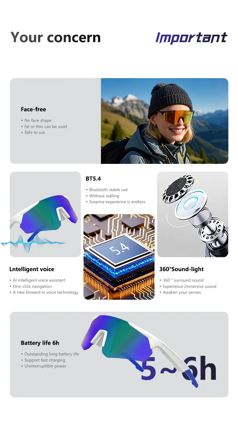 QY-Pro2 bluetooth 5.4 Smart Cycling Glasses with AI Voice Assistant UV Protection Windproof Sandproof 360° Surround Sound for Outdoor Sports QY-Pro2 bluetooth 5.4 Smart Cycling Glasses with AI Voice Assistant UV Protection Windproof Sandproof 360° Surround Sound for Outdoor Sports