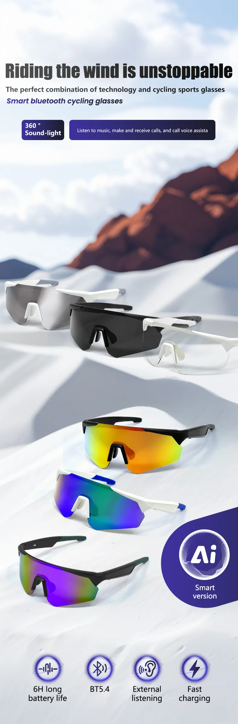 QY-Pro2 bluetooth 5.4 Smart Cycling Glasses with AI Voice Assistant UV Protection Windproof Sandproof 360° Surround Sound for Outdoor Sports QY-Pro2 bluetooth 5.4 Smart Cycling Glasses with AI Voice Assistant UV Protection Windproof Sandproof 360° Surround Sound for Outdoor Sports