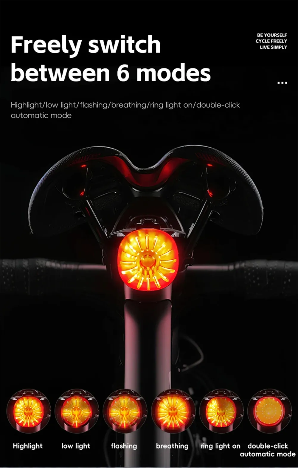 WEST BIKING 80LM Smart Dynamic Brake Sensing Bicycle Taillight 400mAh Battery Type-C Fast Charging IP65 Waterproof Vibration-sensing Bike Rear Light for MTB Night Cycling