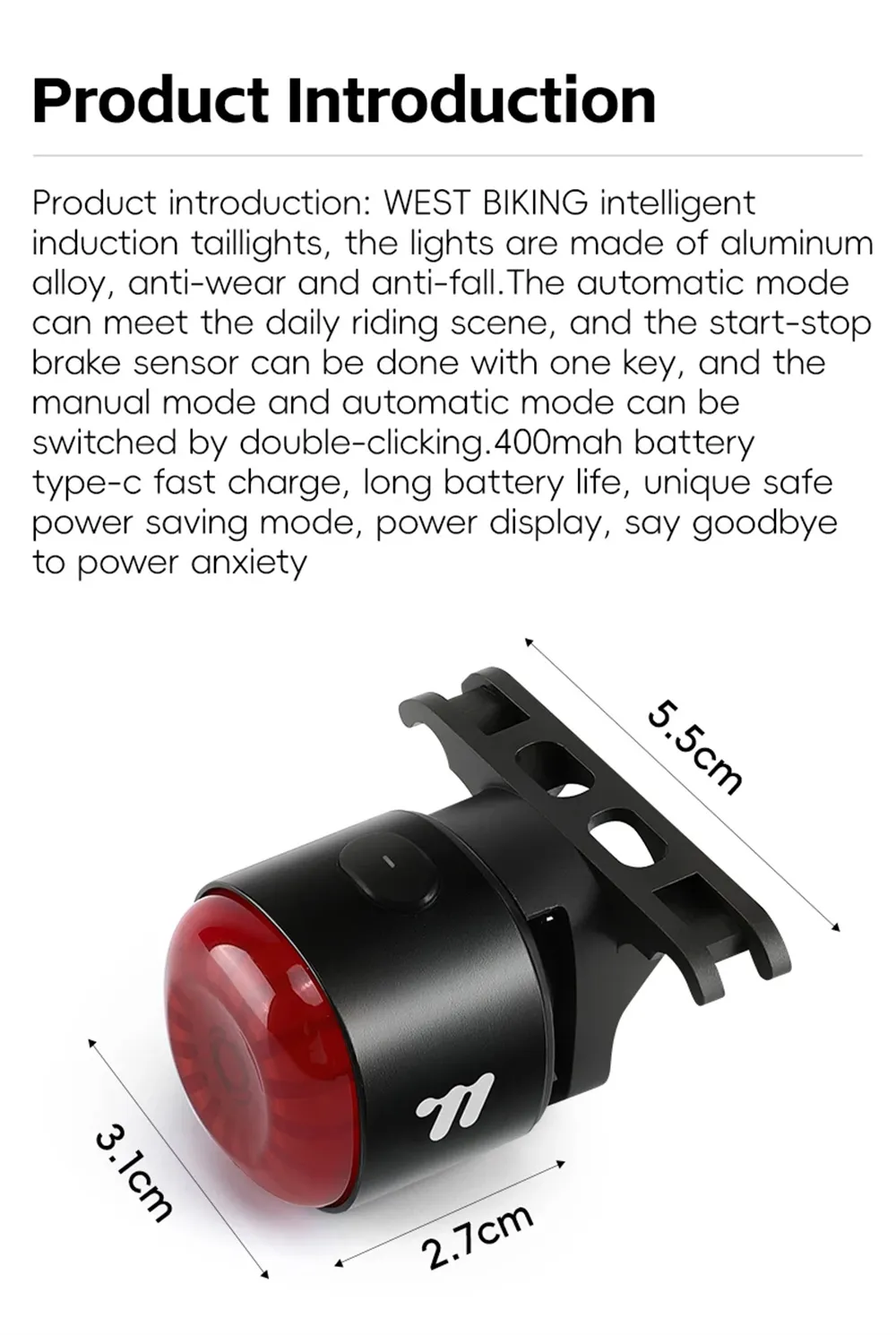 WEST BIKING 80LM Smart Dynamic Brake Sensing Bicycle Taillight 400mAh Battery Type-C Fast Charging IP65 Waterproof Vibration-sensing Bike Rear Light for MTB Night Cycling