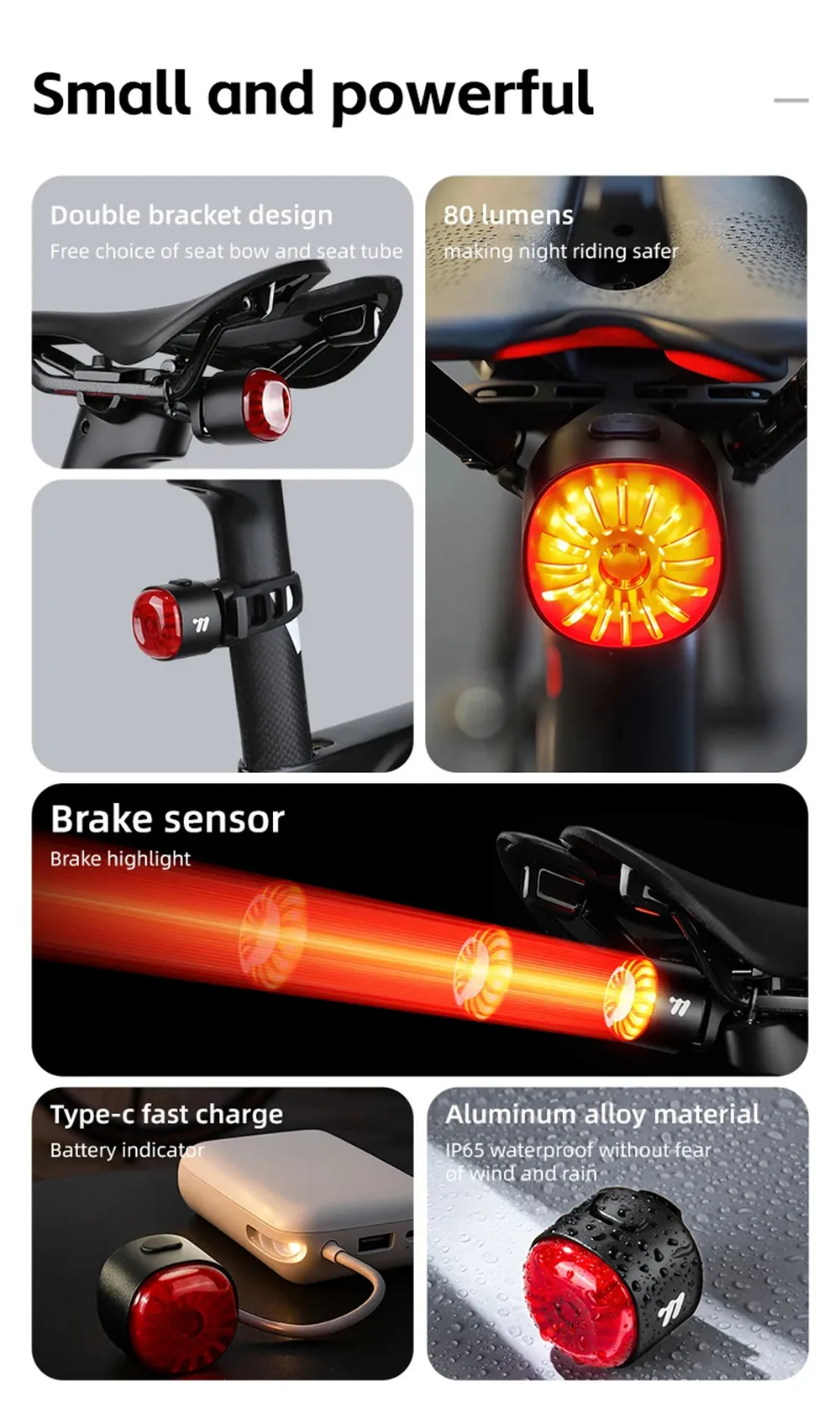 WEST BIKING 80LM Smart Dynamic Brake Sensing Bicycle Taillight 400mAh Battery Type-C Fast Charging IP65 Waterproof Vibration-sensing Bike Rear Light for MTB Night Cycling