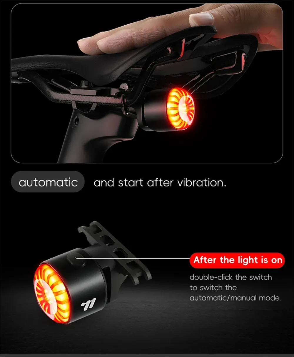 WEST BIKING 80LM Smart Dynamic Brake Sensing Bicycle Taillight 400mAh Battery Type-C Fast Charging IP65 Waterproof Vibration-sensing Bike Rear Light for MTB Night Cycling