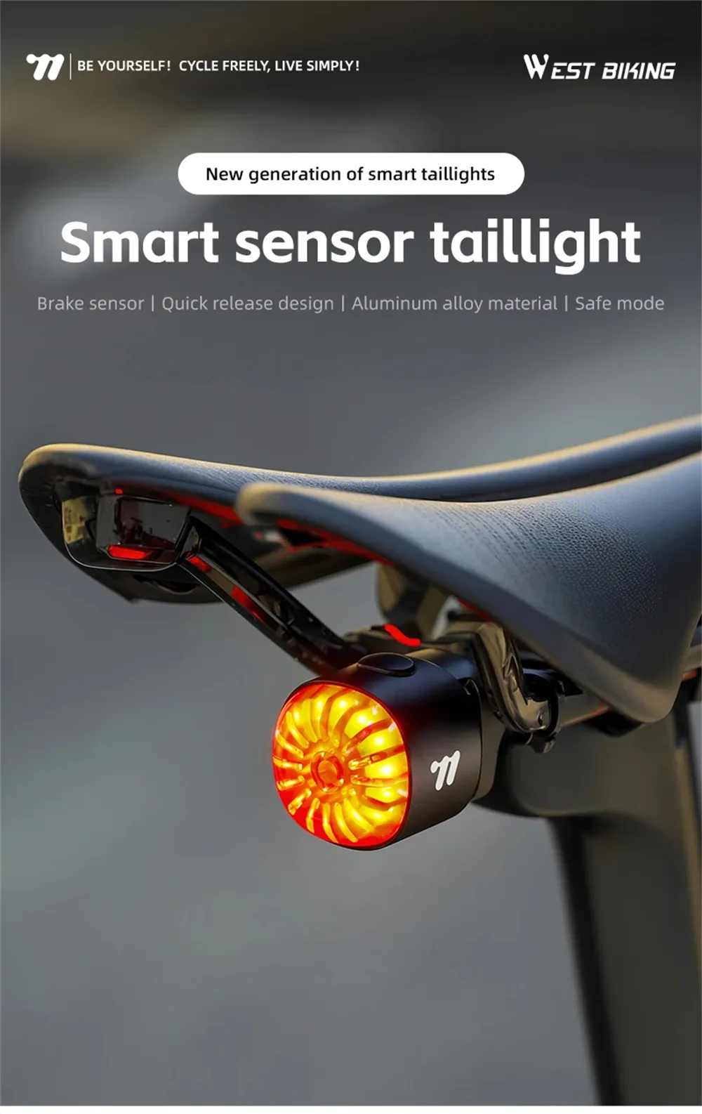 WEST BIKING 80LM Smart Dynamic Brake Sensing Bicycle Taillight 400mAh Battery Type-C Fast Charging IP65 Waterproof Vibration-sensing Bike Rear Light for MTB Night Cycling