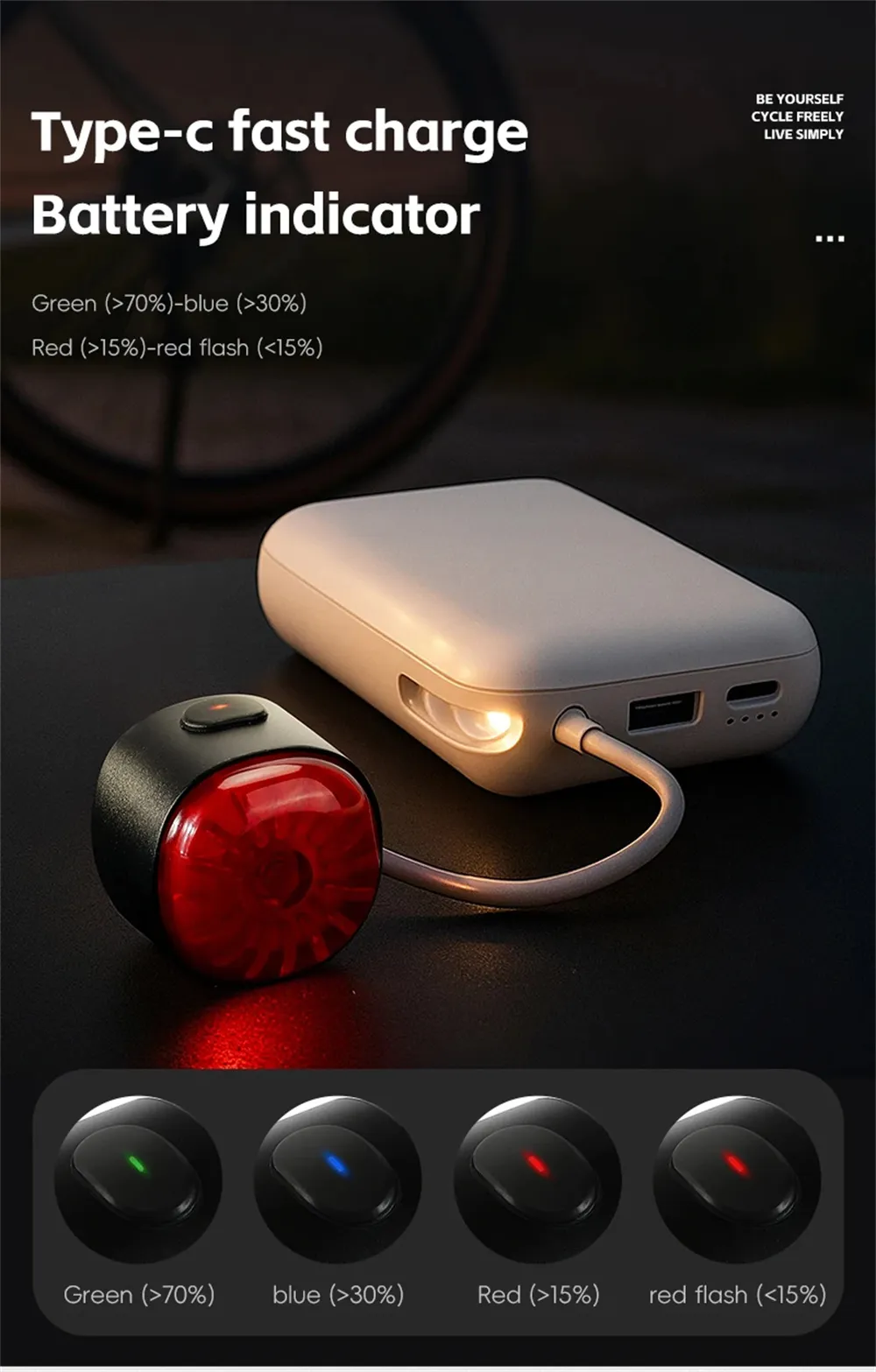 WEST BIKING 80LM Smart Dynamic Brake Sensing Bicycle Taillight 400mAh Battery Type-C Fast Charging IP65 Waterproof Vibration-sensing Bike Rear Light for MTB Night Cycling