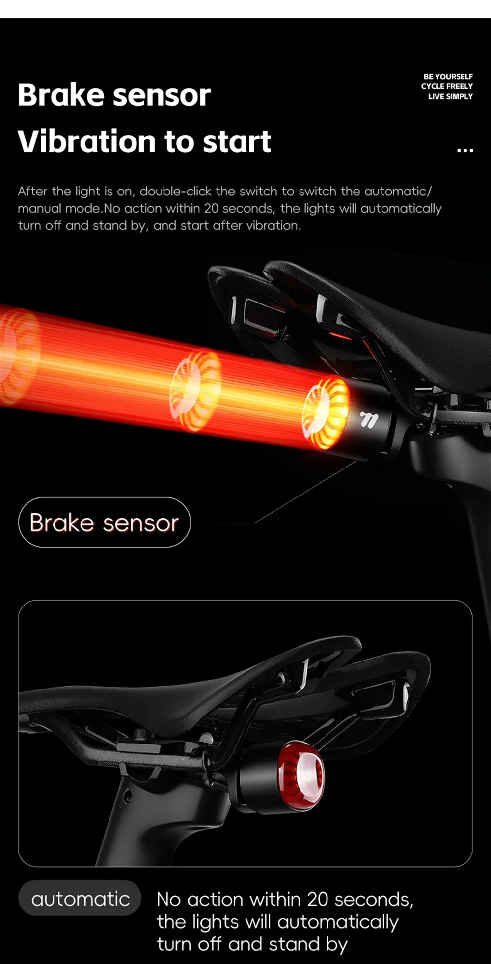 WEST BIKING 80LM Smart Dynamic Brake Sensing Bicycle Taillight 400mAh Battery Type-C Fast Charging IP65 Waterproof Vibration-sensing Bike Rear Light for MTB Night Cycling